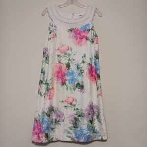 Floral Midi Womens Dress Size 14P White with Pink, Blue, Green Accents